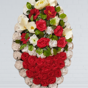 Ритуальный венок на похороны красно-белая корзина 110 см